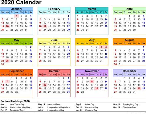 2020 Calendar Printable With Holidays And Notes Calendar Dream