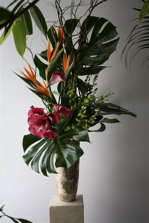 Tall Tropical Flower Arrangement Composition Of Monstera Leaves Birds