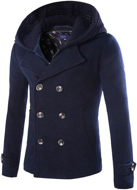 Mens Wool Double Breasted Pea Coat With Removable Hood D116 Navy L