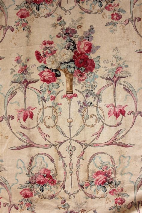 Rococo Block Printed Floral Antique French Fabric C1800 Linen Cotton