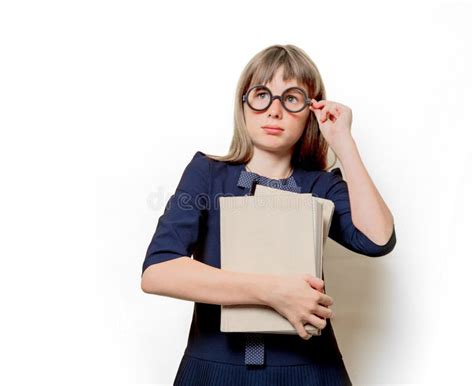 Portrait Of A Nerd Girl In Glasses With Books Stock Photo Image Of