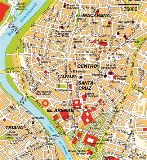 Séville, ville d'andalousie (espagne), est traversée du nord au sud par deux cours d'eau : Plan Séville, Andalousie, Espagne. Cartes, plans et ...