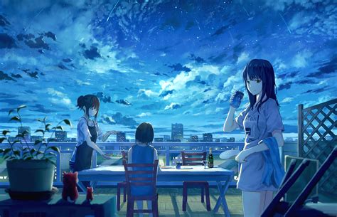 Night Anime Girls Anime Moescape Clouds City Lights 4744x3054