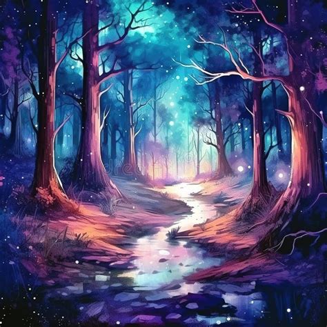 Watercolor Vibrant Night Forest Landscape Mystical Fairytale Forest
