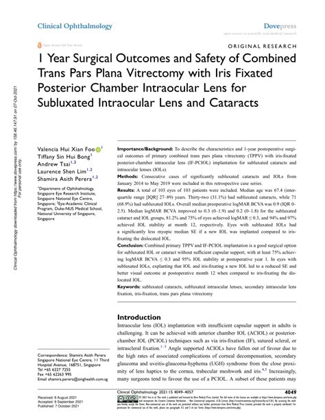 Pdf 1 Year Surgical Outcomes And Safety Of Combined Trans Pars Plana