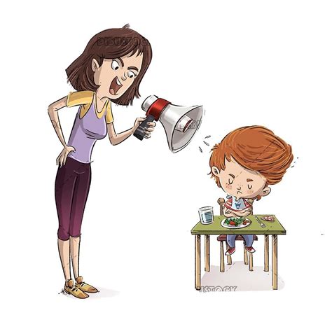 Angry Mother With Her Son For Food Dibujar Caricaturas Ilustraciones