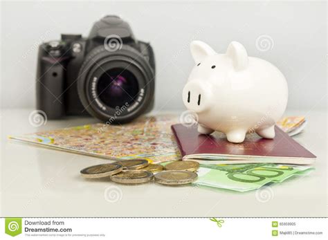 Piggy Bank Euro Money Passport Camera And Map Stock