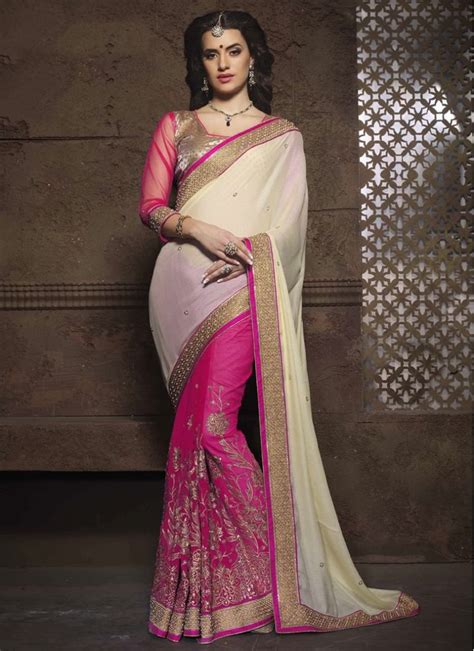 Hypnotizing Cream And Hot Pink Embroidered Pure Silk Designer Saree