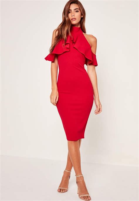 Missguided High Neck Frill Cold Shoulder Midi Dress Red Red Dresses Classy Red Midi Dress
