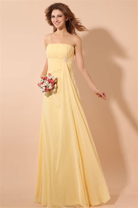 Real Picture Yellow Chiffon Strapless A Line Floor Length Bridesmaid