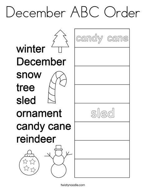 December Abc Order Coloring Page Twisty Noodle Abc Order Spelling