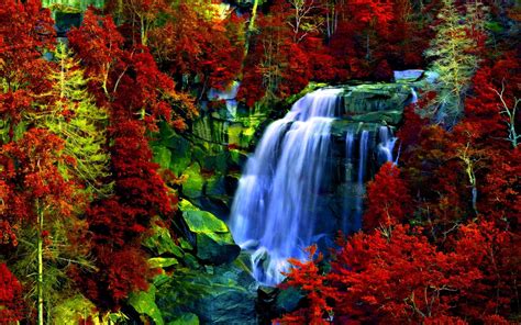 Waterfall, Rocks, Forest Red Leaves Background Hd 2560x1600 ...
