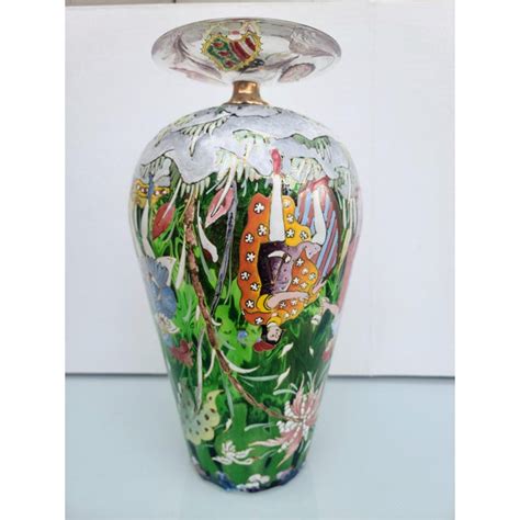 Vintage 1960s Signed Royo Hand Painted Enamel Green Glass Vase Made In Spain Chairish