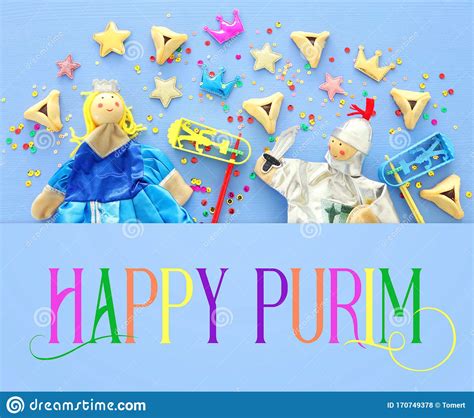 Purim Celebration Concept Jewish Carnival Holiday Over Blue Wooden