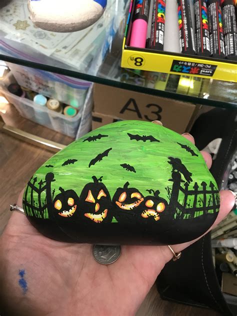 Halloween Painted Rocks Rock Painting With Scary Silhouette Background