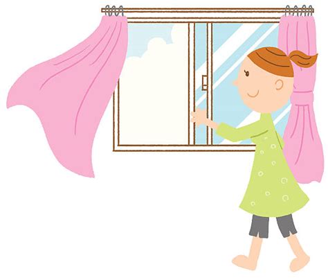 Lady Opening Curtains Stock Vectors Istock