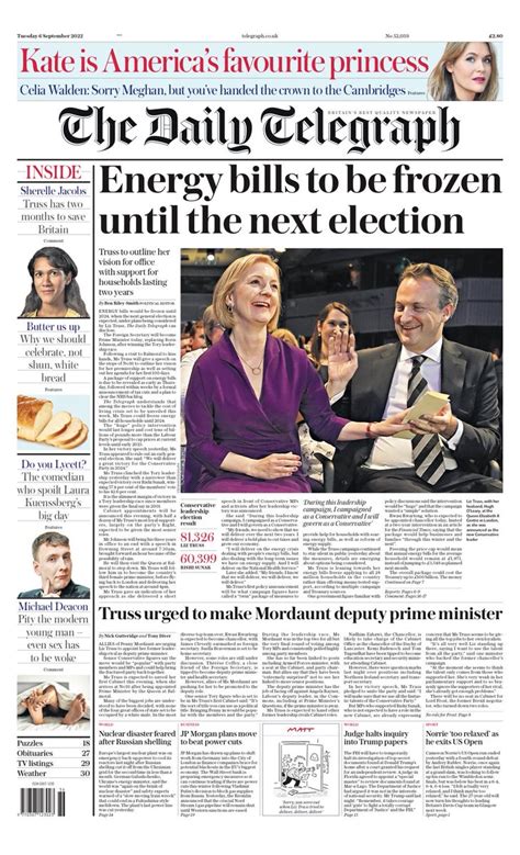 Daily Telegraph Front Page 6th Of September 2022 Tomorrow S Papers Today