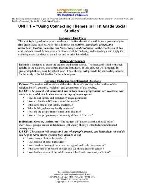 Using Connecting Themes In First Grade Social Studies Unit
