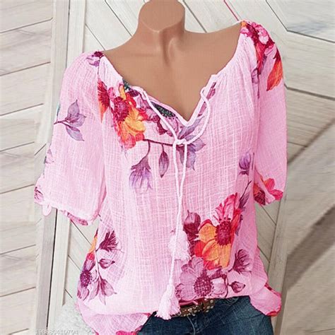 Buy Women Fashion Summer Tops Short Sleeve Floral Printed V Neck Tassels Blouse Shirts At