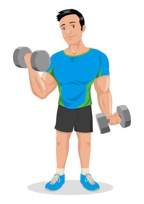 Palabra fitness con gente haciendo yoga. Ilustración de dibujos animados de una figura masculina muscular que ejercita con pesas de ...