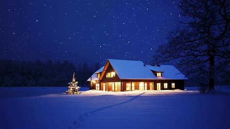 🥇 Winter Trees Dark Night Lights Alone Houses Wallpaper 107893