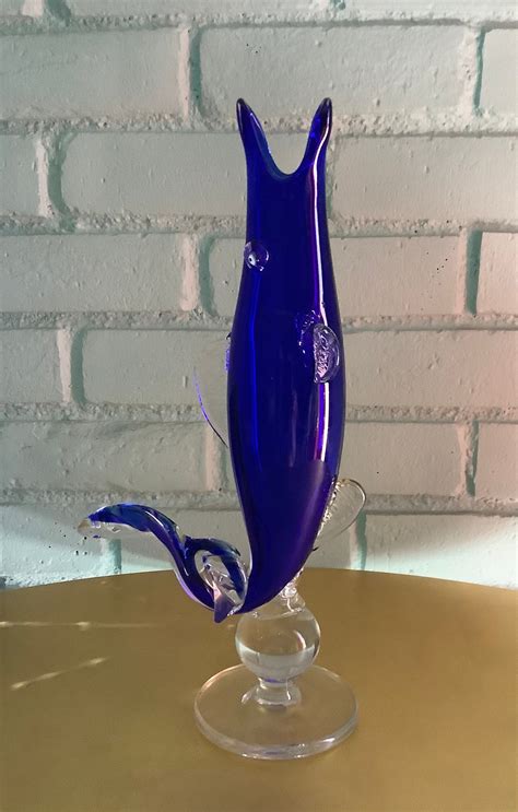 Midcentury Blue Glass Fish Vase Vintage Art 1960s Etsy