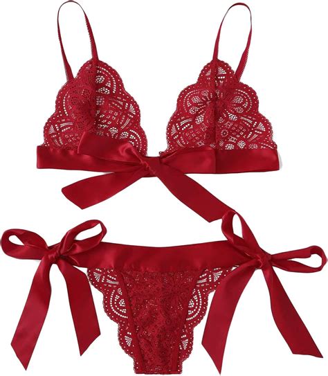 Makemechic Womens Lace Lingerie Set 2 Piece Sexy Bra And Panty Underwear Set Red L Amazon