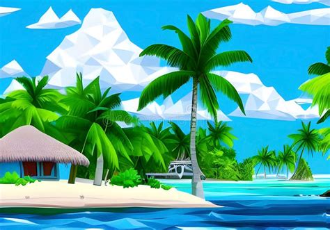 Illustration Featuring A Tropical Island Oasis With Lush Palm Trees
