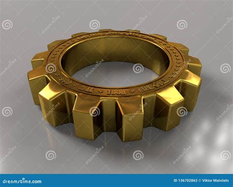 Golden Metallic Gear Wheels On Grey Background With Reflection Closeup