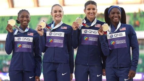 u s stuns jamaica in women s 4x100 relay to win gold at world athletics championships