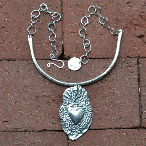 Handmade Fine Silver Sacred Heart In Flames Collar Necklace From