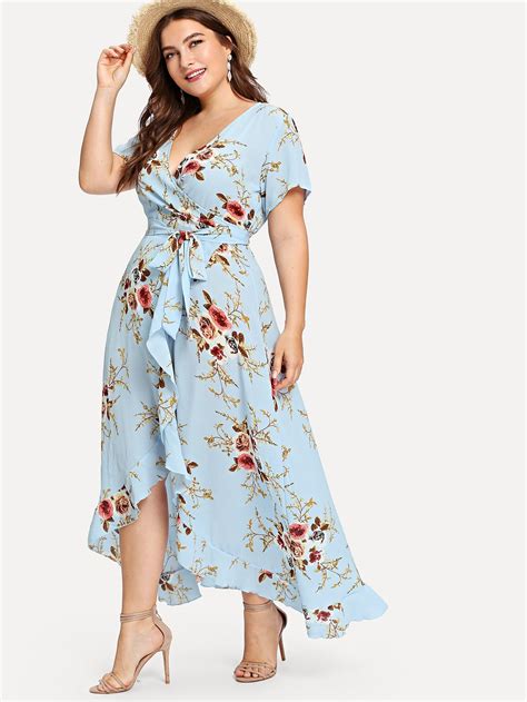 Shein Plus Asymmetric Ruffle Hem Botanical Wrap Dress Plus Size Summer Dresses Plus Size Long