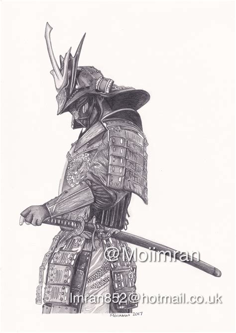 Original Pencil Drawing Japanese Samurai With Sword Armour Etsy