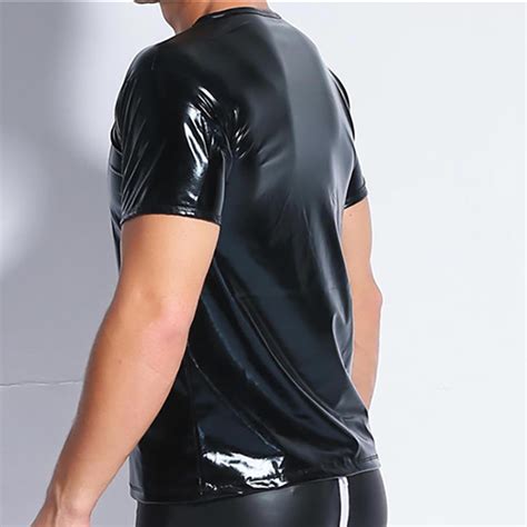 Aiiou Sexy Men Faux Leather Undershirts T Shirt Short Sleeve Male Black