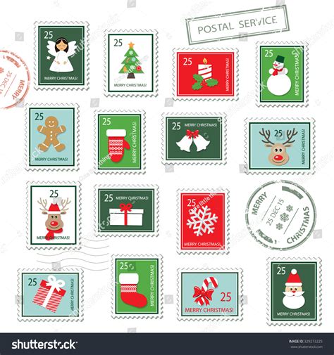 Christmas Postal Stamps Set Isolated On White Stock Vector