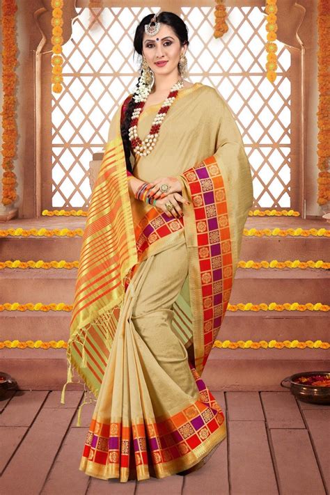 Wedding Bollywood Indian Sarees Cream Saree Cotton Silk Woven Sari 3591 Sari Saree
