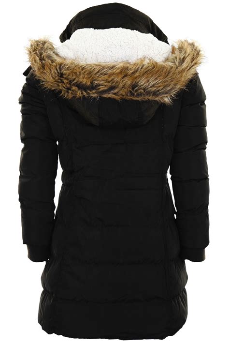 Ladies Faux Fur Wool Lined Hooded Quilted Bomber Winter Womens Parka
