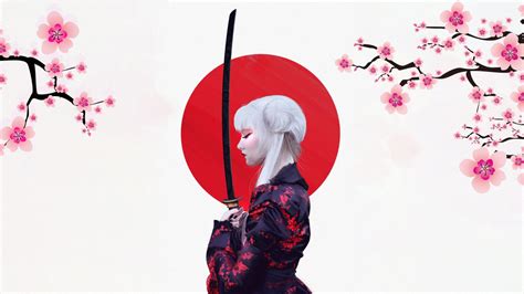 wallpaper digital art artwork women samurai katana cherry blossom branch flowers white