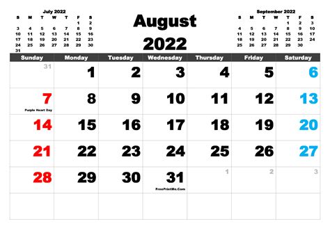 Free Printable August 2022 Calendar With Holidays Pdf Png