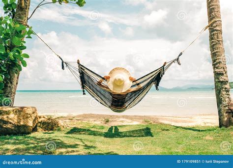 Happy Woman In Black Bikini Relaxing In Hammock Stock Image Image Of
