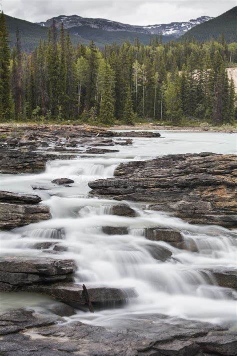 Athabasca River At Athabasca Falls With Mountains Stock Image Image
