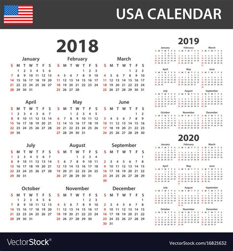 Usa Calendar For 2018 2019 And 2020 Scheduler Vector Image