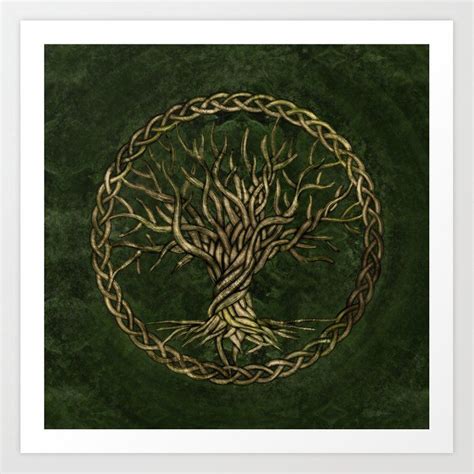 Tree Of Life Yggdrasil Green And Gold Art Print By Creativemotions