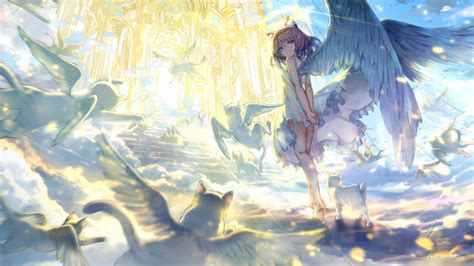 Download 2560x1440 Anime Girl Angel Wings Heaven Stairs Light Dress Wallpapers For Imac 27