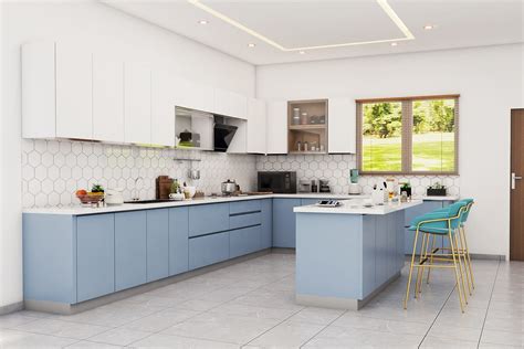 Modern Blue And White Open Kitchen Design With Breakfast Table Livspace