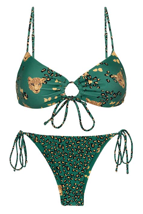 Bikini Brasile O Con Lazo Frontal Y Estampado Verde De Leopardo Set