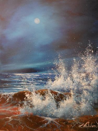 An Oil Painting Of Waves Crashing On The Shore At Night Time With Moon