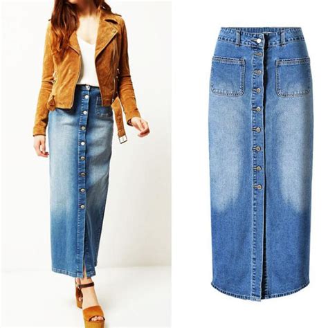 Women Straight Denim Skirts High Waist Long Button Slim Skirt With Pockets For Lady Casual Wash