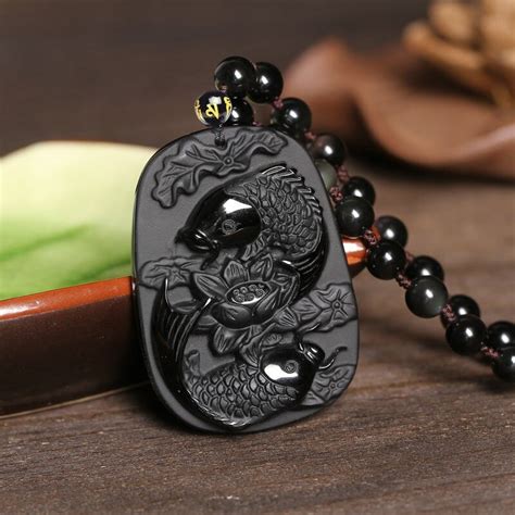 Fine Carving Obsidian Two Fish And Lotus Black Obsidian Pendant Mens