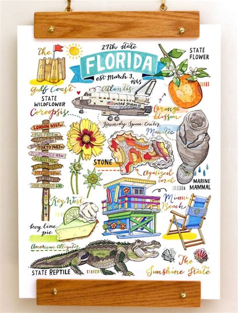 Florida Print State Symbols Illustration State Art Key Etsy
